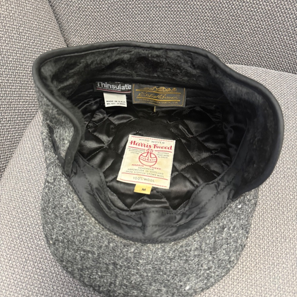 Eddie Bauer Harris Tweed Wool Flat Cap Mens Medium Gray Ear Flaps Vintage